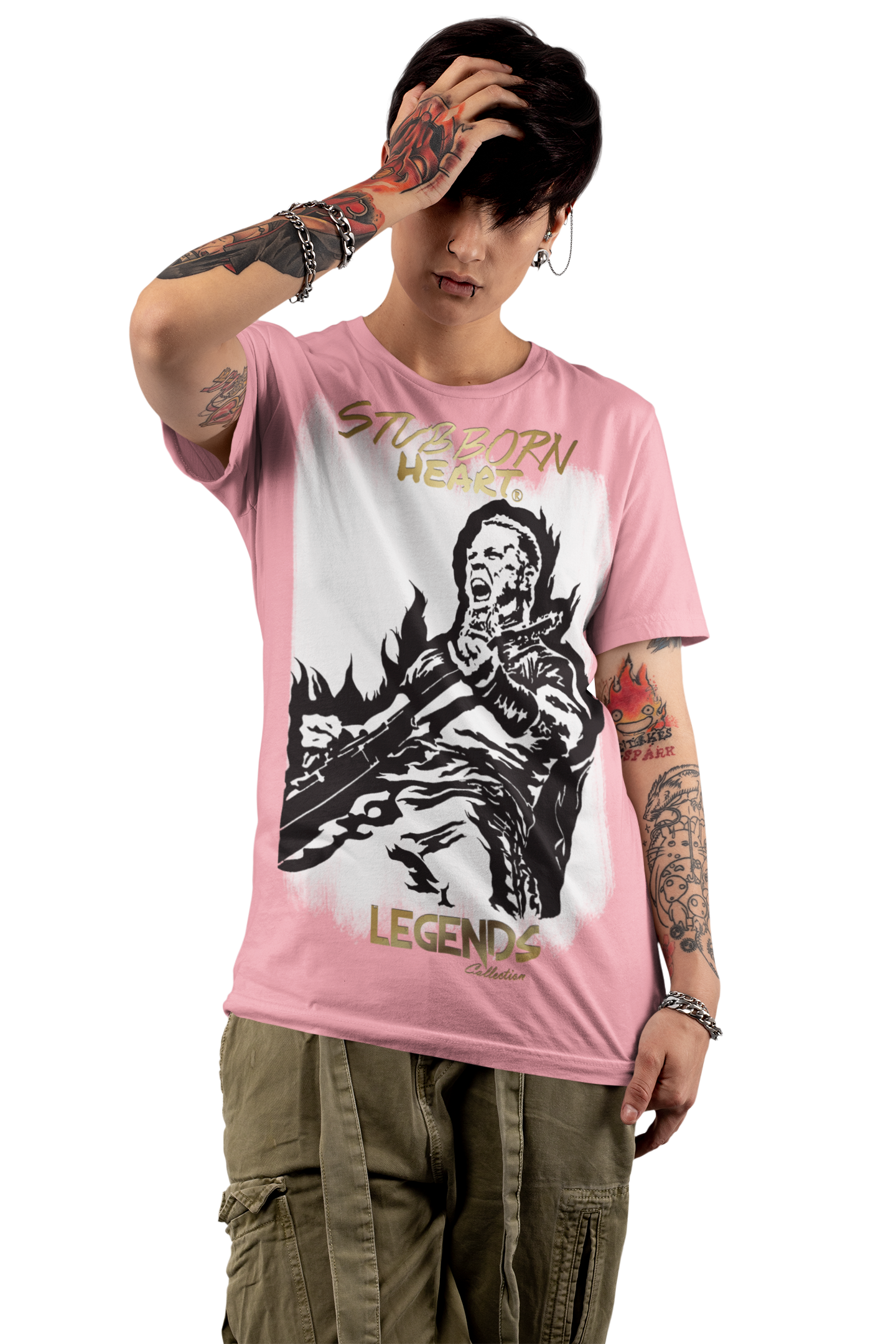 Punk rock chick modelling the Azalea Pink  tee of James Hetfield from STUBBORN HEART'S LEGENDS COLLECTION: