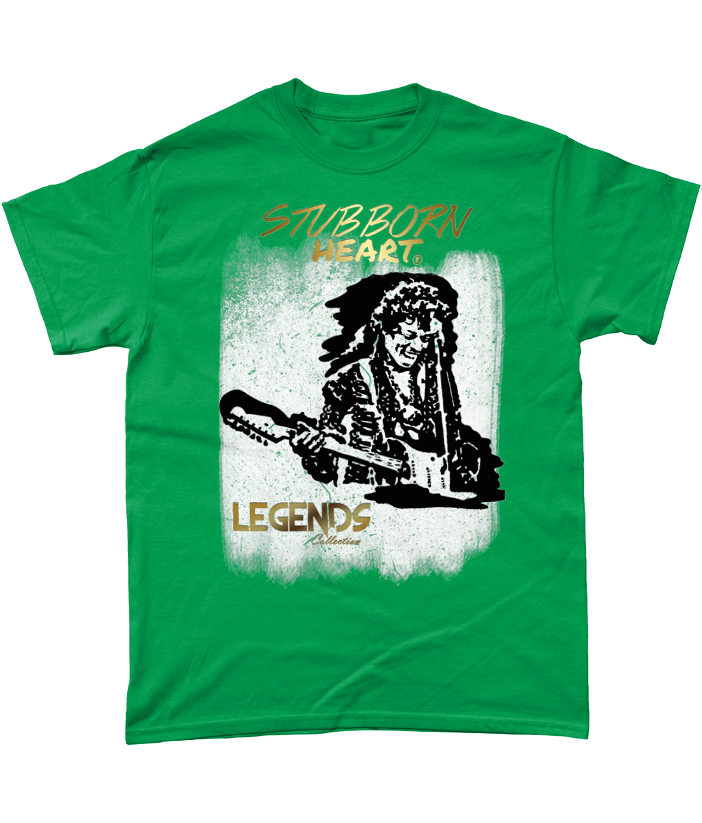 Green T-shirt with Jimi Hendrix design created by the UK clothing brand and store STUBBORN HEART