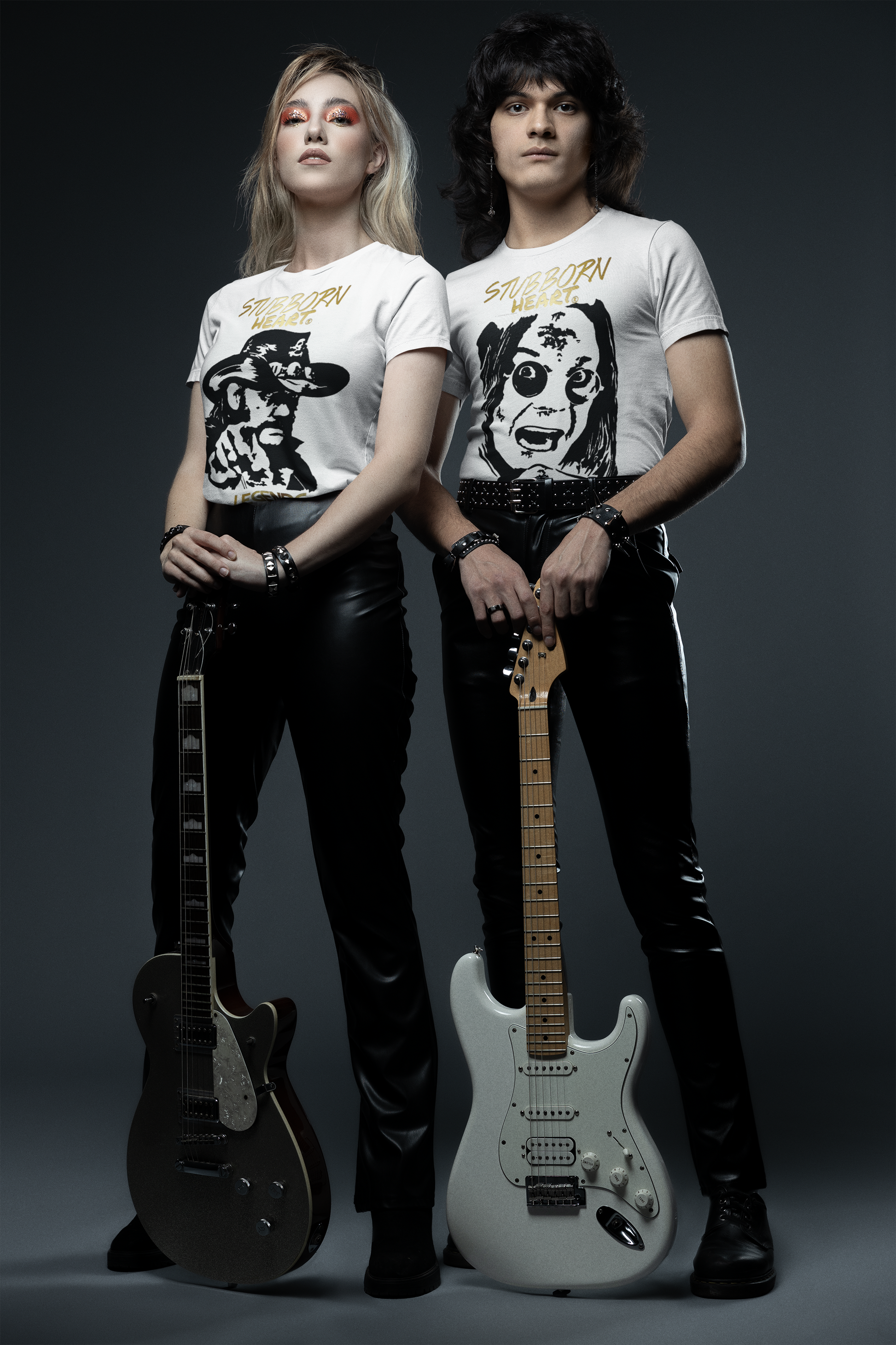 Female & Male models promoting the Ozzy Osbourne and Lemmy Kilmister tee shirt designs from the LEGENDS COLLECTION: range by UK clothing store STUBBORN HEART. Motorhead, Black Sabbath