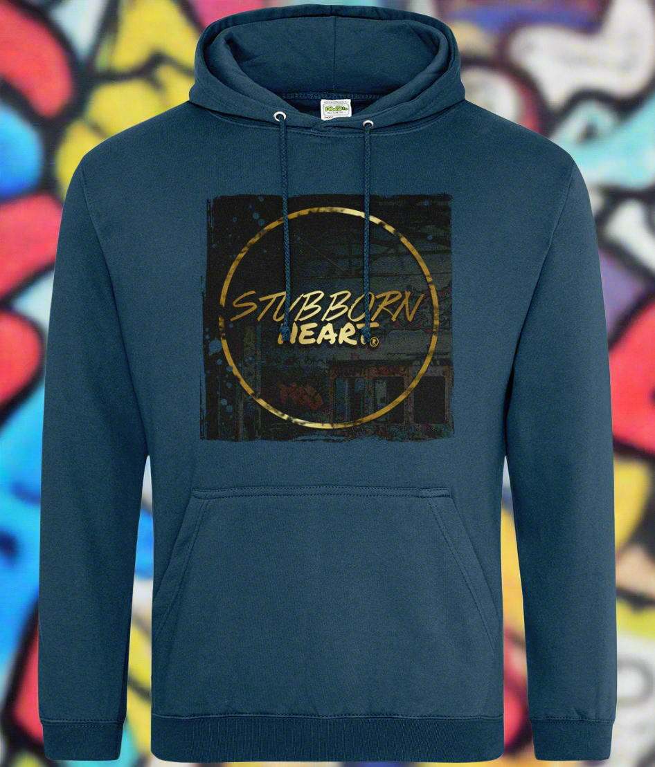 Ink Blue jumper hoodie with logo, skateboarding design on front from the UK Alt scene clothing brand STUBBORN HEART Apparel