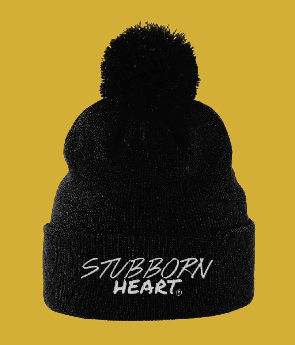 Black Beanie Hat with UK Alternative clothing brand STUBBORN HEART brand logo on front