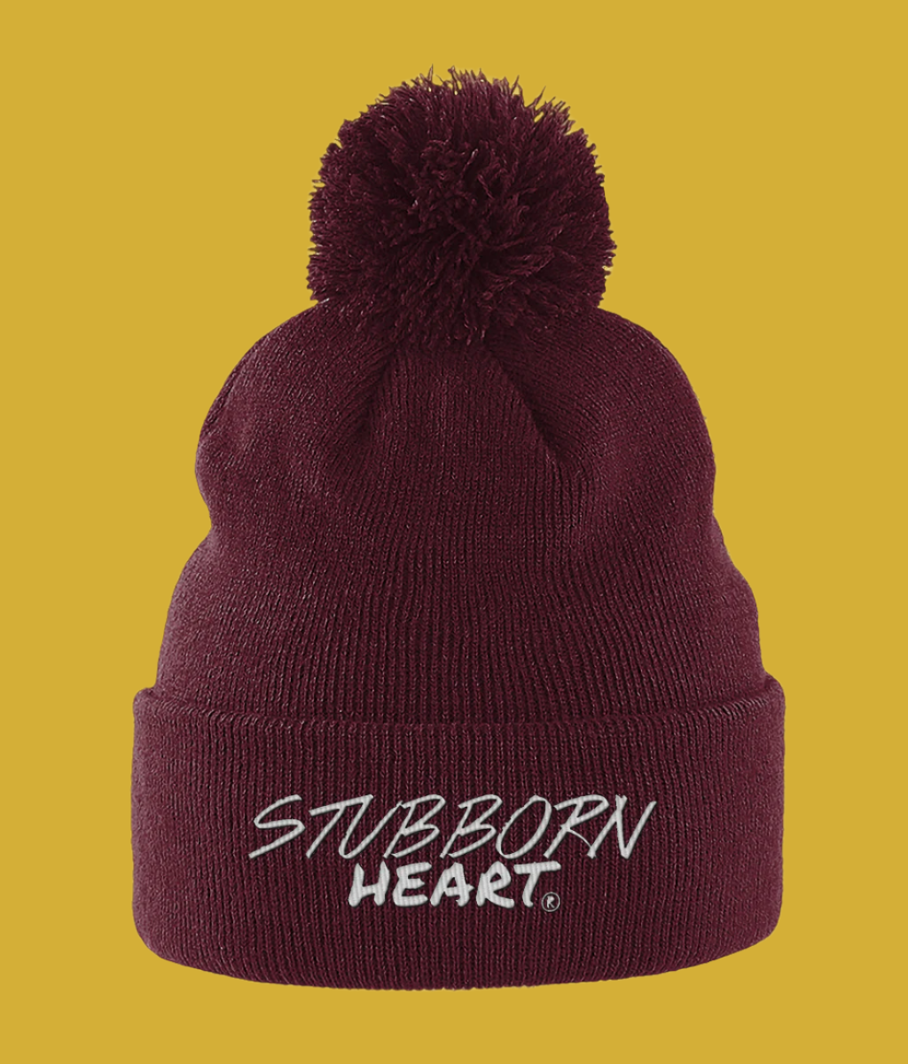 Burgundy red Beanie Hat with UK Alternative clothing brand STUBBORN HEART brand logo on front