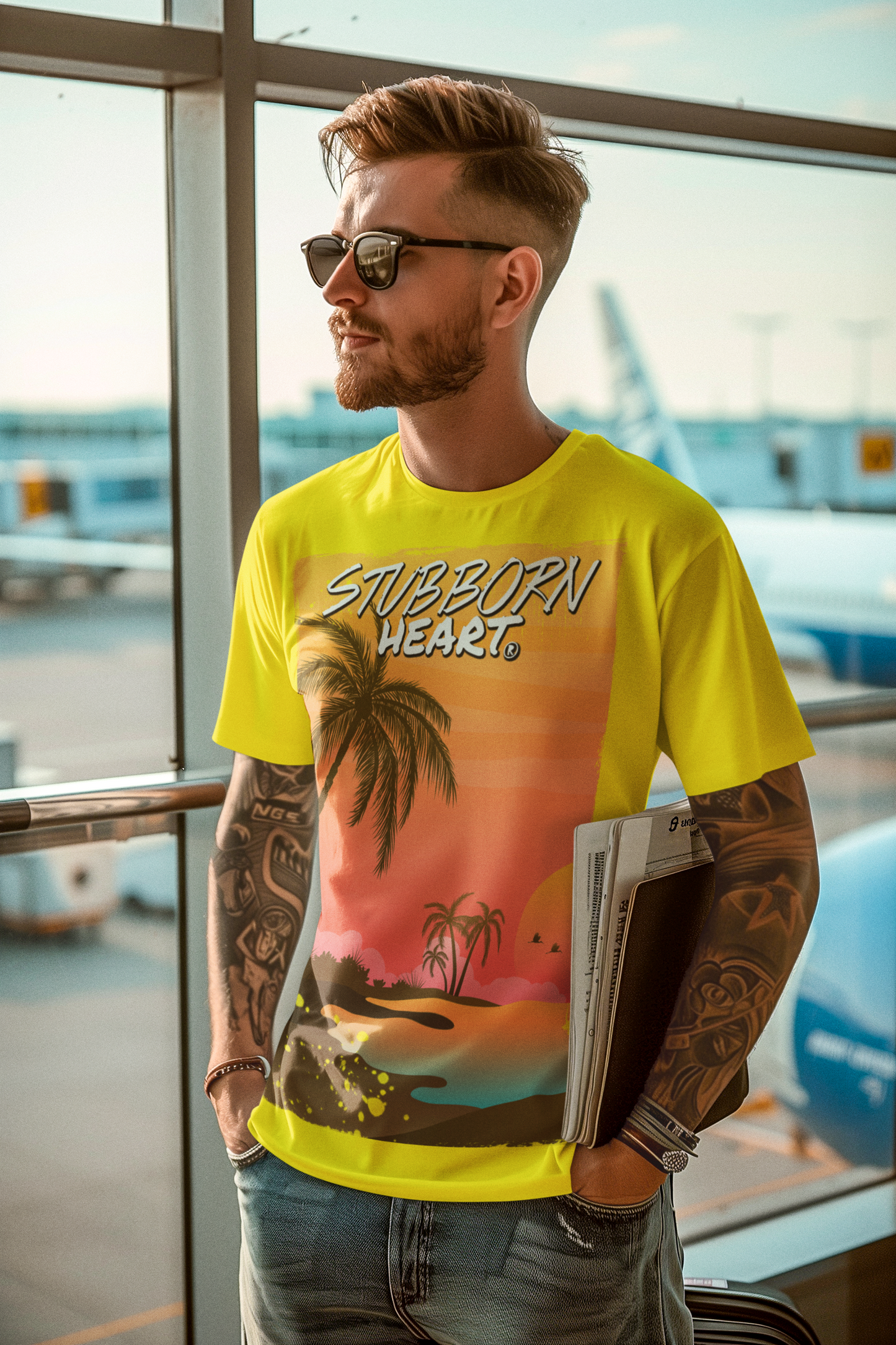 STUBBORN HEART Apparel t-shirt design called Sunrise in yellow colour worn by male model