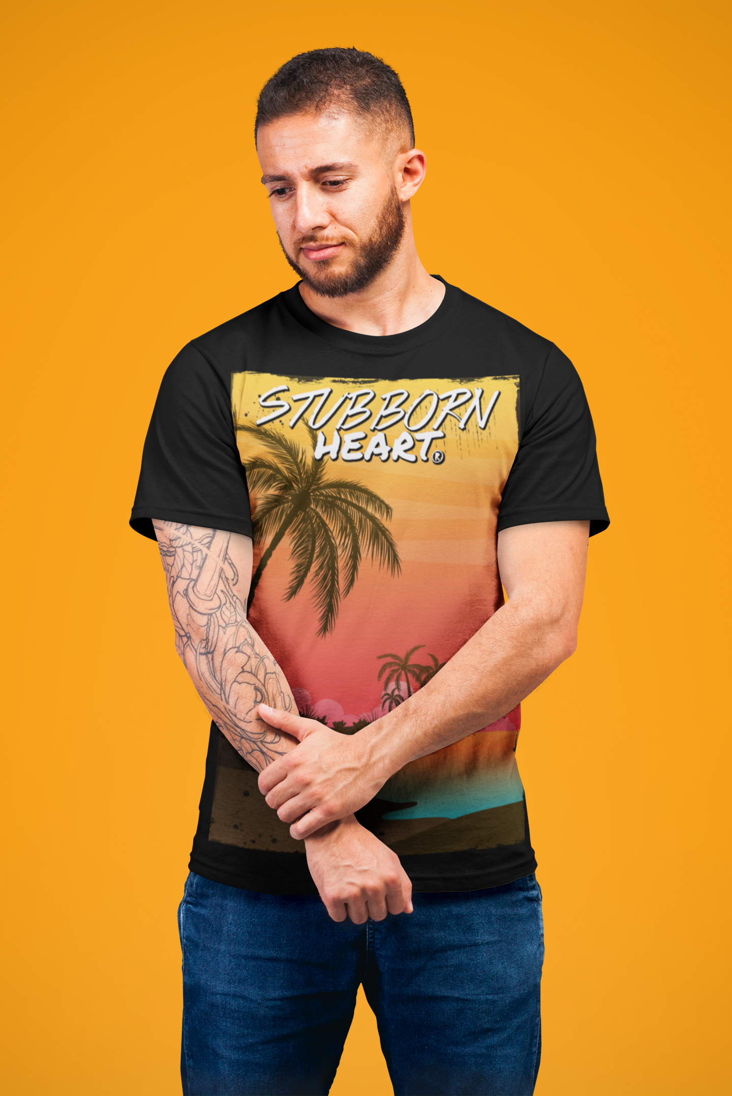 STUBBORN HEART Apparel t-shirt design called Sunrise in black colour worn by male model