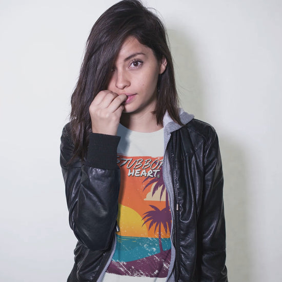 Female model in promo video for a STUBBORN HEART T-Shirt called 'SUNSET'