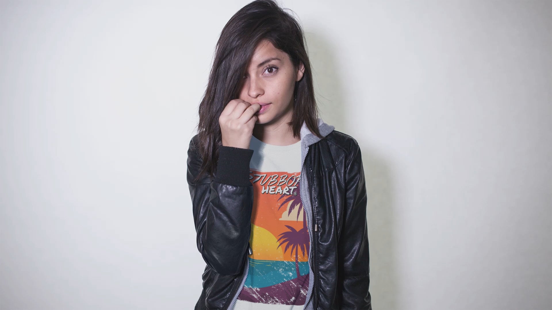 Female model in promo video for a STUBBORN HEART T-Shirt called 'SUNSET'