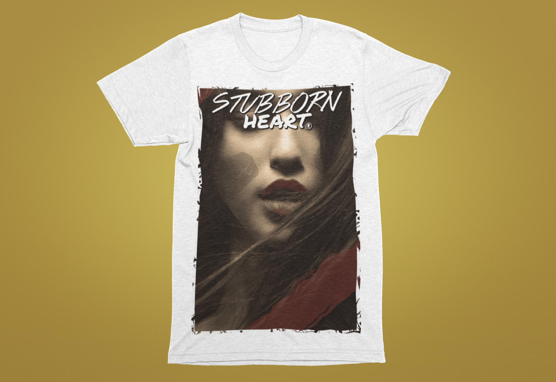 promo image of a white femme fatale tee shirt sold by STUBBORN HEART